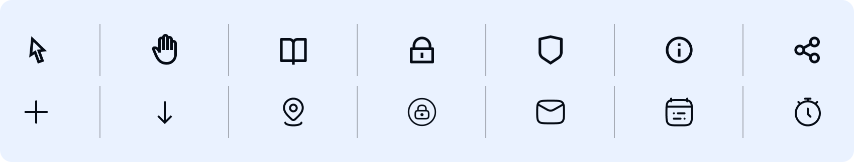 Row of black minimalist interface icons including cursor, hand, book, lock, shield, info, share, plus, down arrow, location pin, locked circle, envelope, calendar, and stopwatch on light blue background.